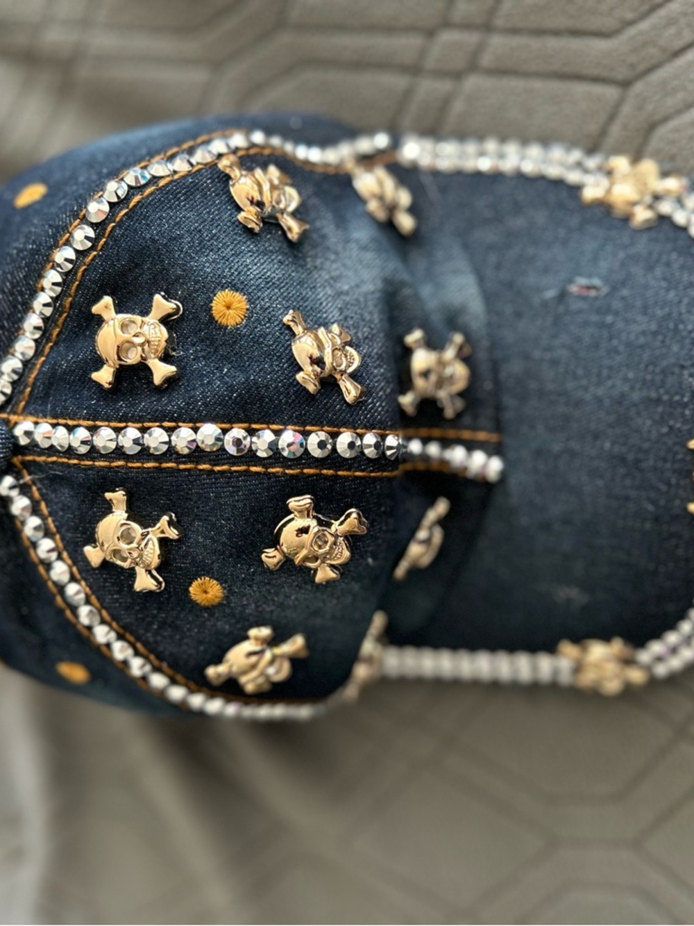 Private Label Black Denim Cap with Gold Skull & Crystal Trim - Picture 4 of 4